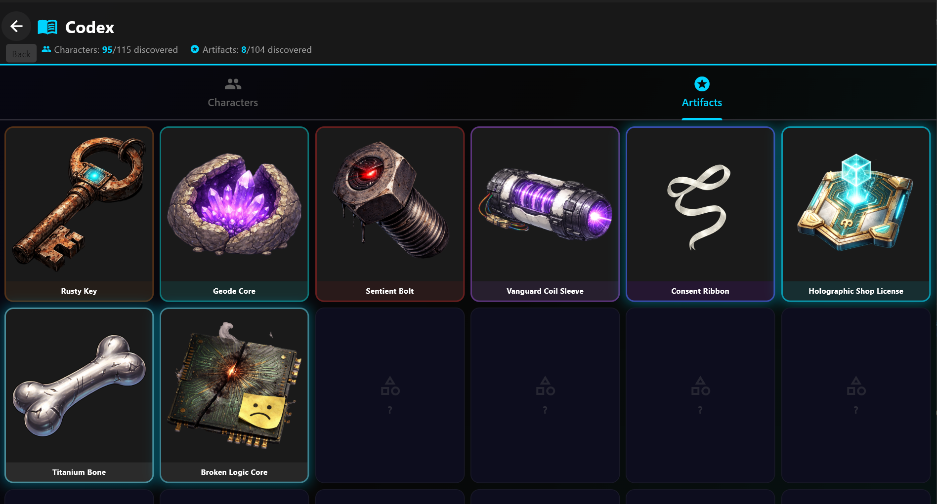 Artifact codex screen